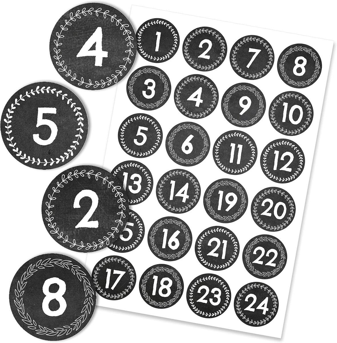 Adventskalender Stickers met Kerst Cijfers voor Zelf Knutselen, Zelfklevend Ontwerp, Schoolbordstijl, 4 cm