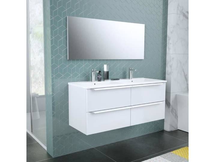 Meuble de salle de bain double vasque avec miroir L 120cm - 4 tiroirs - Blanc laqué brillant - ZOOM