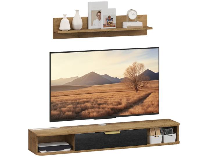 Ensemble de meubles de salon Homcom, meuble TV avec étagère murale, porte, étagères ouvertes, trous pour câbles, pour télévision murale, 120X24X16 Cm, chêne
