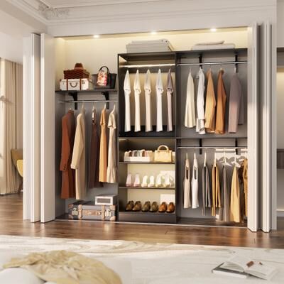 Rackcog 96'' Walk-in Closet Organizer System with Wooden Drawers ＆ Hanging Rods, 8FT Closet System Wardrobe Clothes Rack Garment Rack
