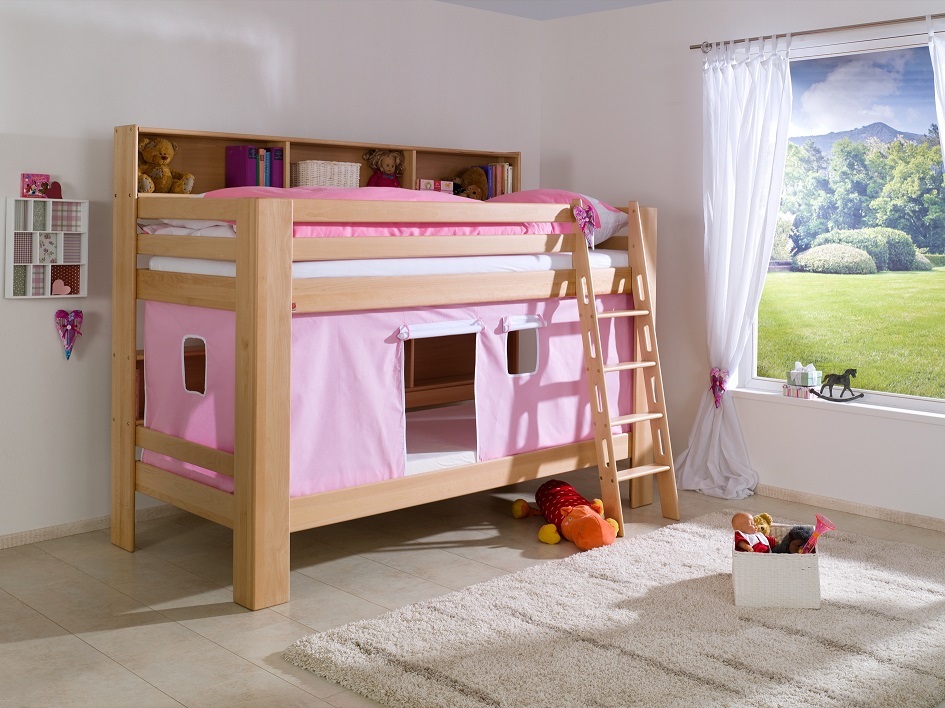 Etagenbett Jan Buche Natur lackiert mit Bücherregal 90x200 cm