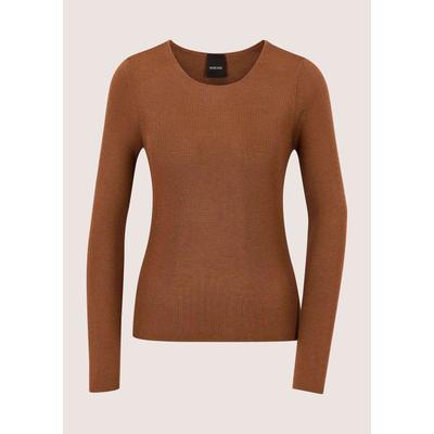 Longpullover MADELEINE "Pullover Rippstrick-Pullover aus Schurwolle", Damen, Gr. 40/42, braun (cognac), Modern, skinny fit, Pullover Longpullover