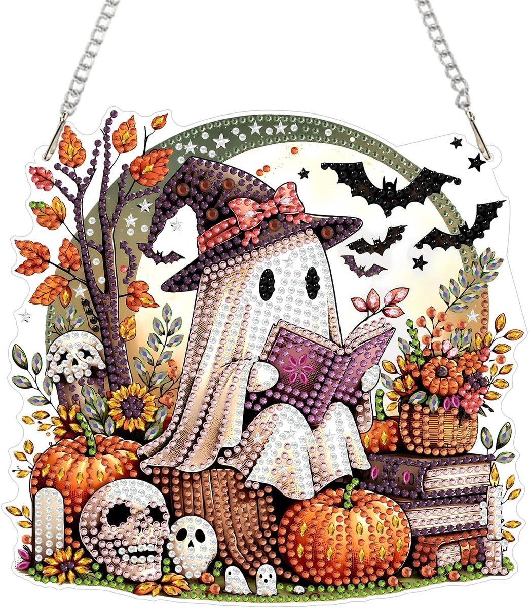 Diamantschilderij hanger Halloween met geest en pompoenen - DIY ornament voor raamdecoratie