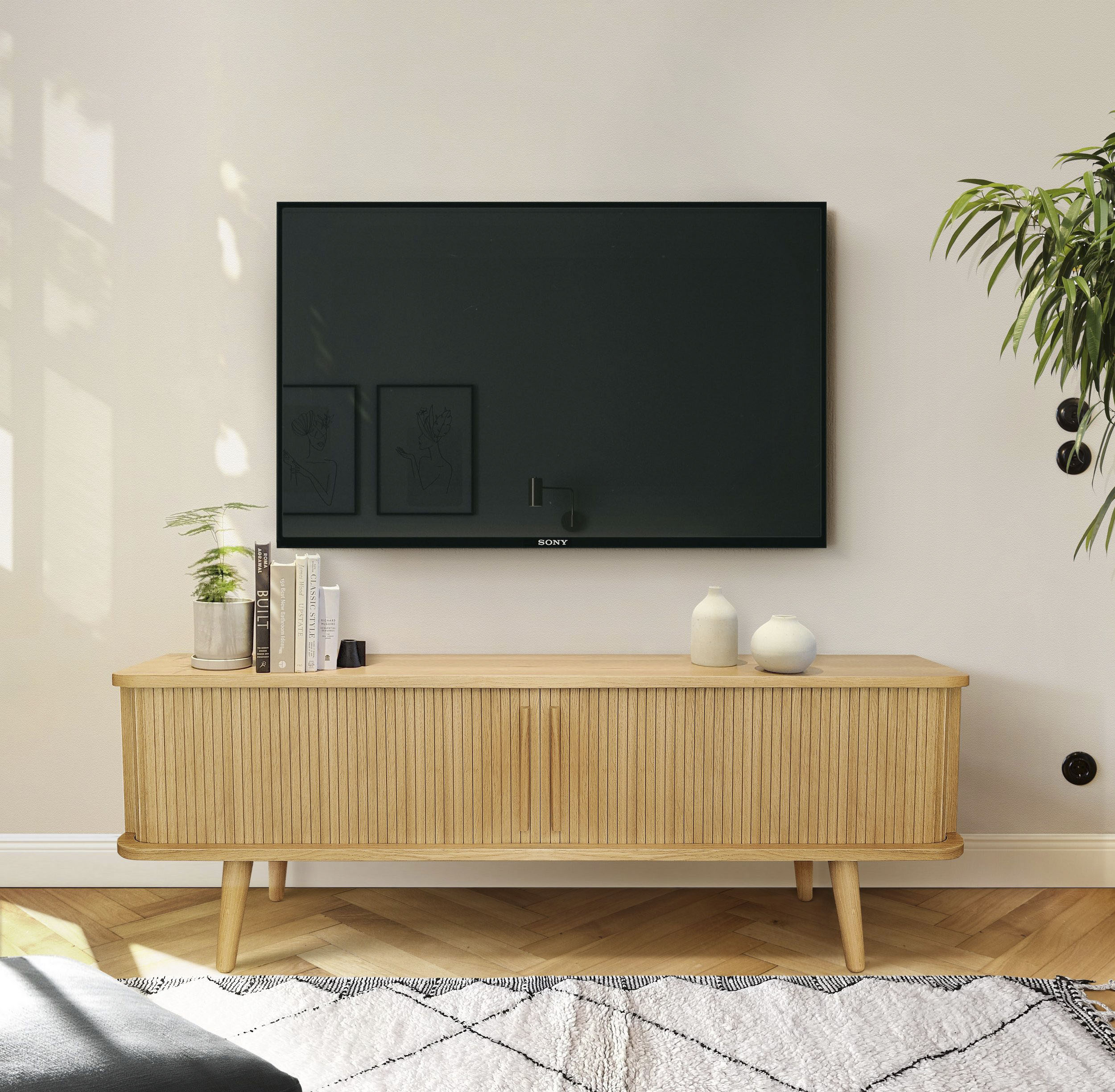 TV-Board WOODMAN "Rove", beige (natur), B:138cm H:49,5cm T:40cm, Sideboards, TV-Board, besonderes Design, in zwei Breiten, mit Eichenholzfurnier, FSC natur B/H/T: 138cm x 49,5cm x 40cm, Eiche, 2 Stk.