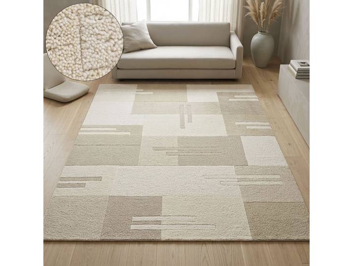 Wollteppich THEKO Gabbeh Kästchen, Patchwork Design, reine Wolle , beige, B:160cm H:14mm L:230cm, Wolle, Teppiche, Wollteppich, Naturtöne, Wohnzimmer, Schlafzimmer, Esszimmer