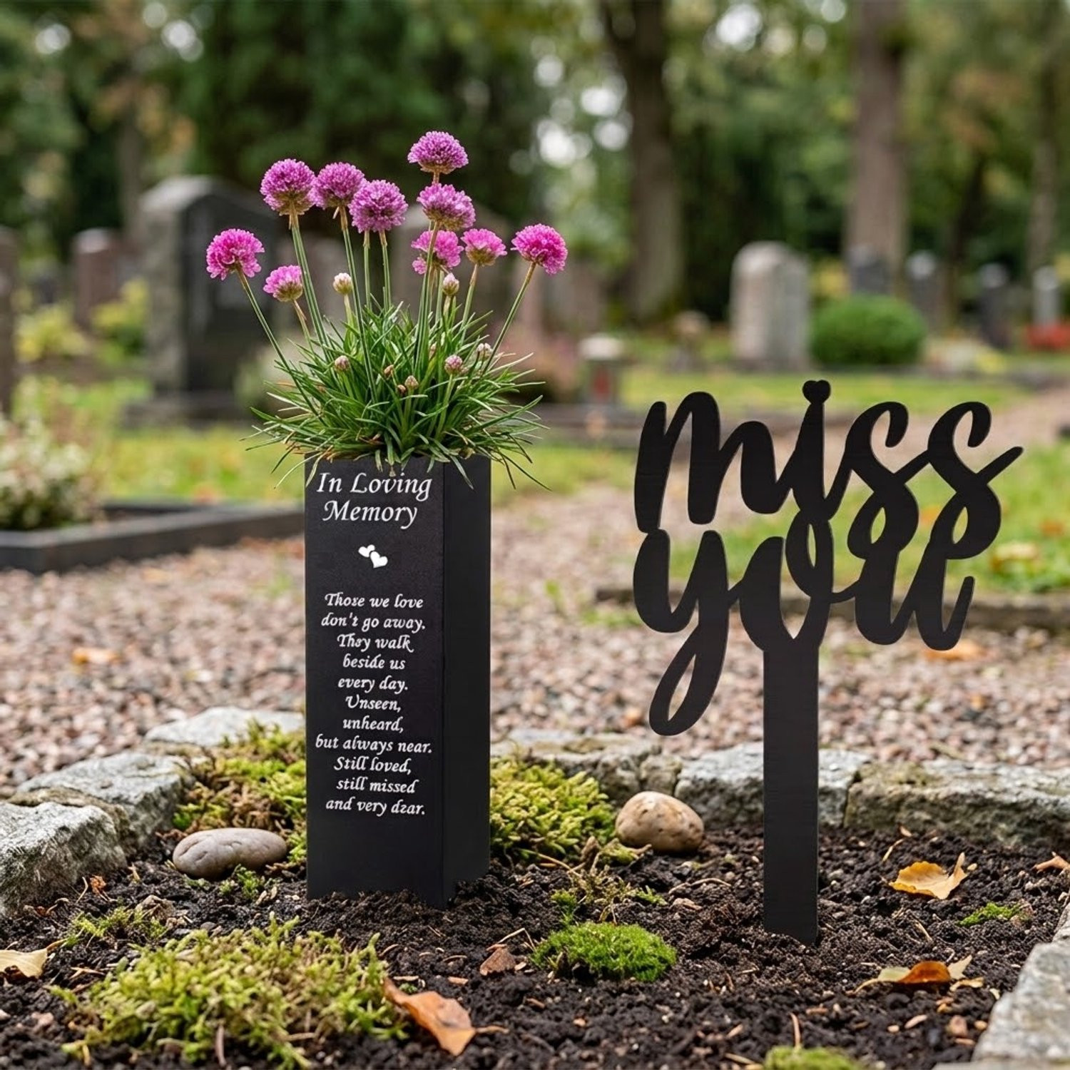 Janse Metalen Grafdecoratie 2-delig - Bloempot Houder en Tuinsteker Miss You - Zwart