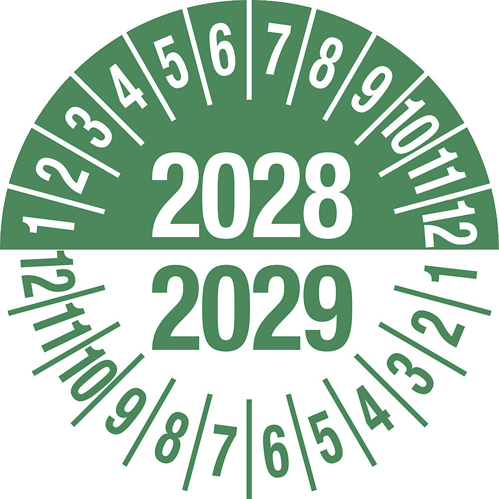 kaiserkraft Prüfplakette, Mehrjahreszahlen, grün, Dokumentenfolie, Ø 35 mm, VE 10 Stk, 2028/2029