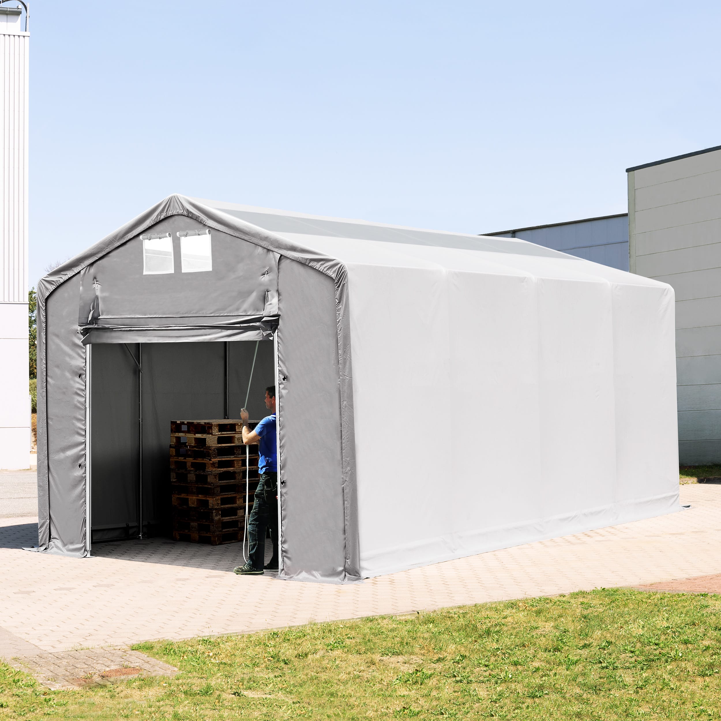 TOOLPORT 4x8m Zelthalle, PVC-Plane, grau, ohne Statik - (79873)