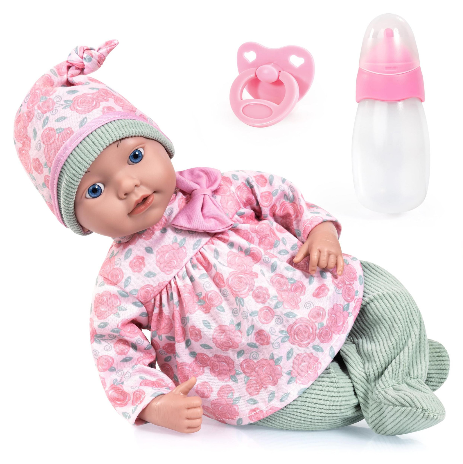 Bayer Design Reborn baby pop 38 cm, realistisch en levensecht, met fles en fopspeen, roze en groen