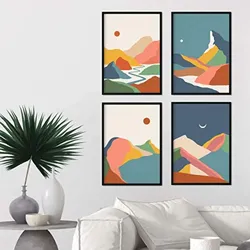 POSTER Set mit 4 ‚Mountain mit Farben Erde‘ A4 Schwarzer Rahmen