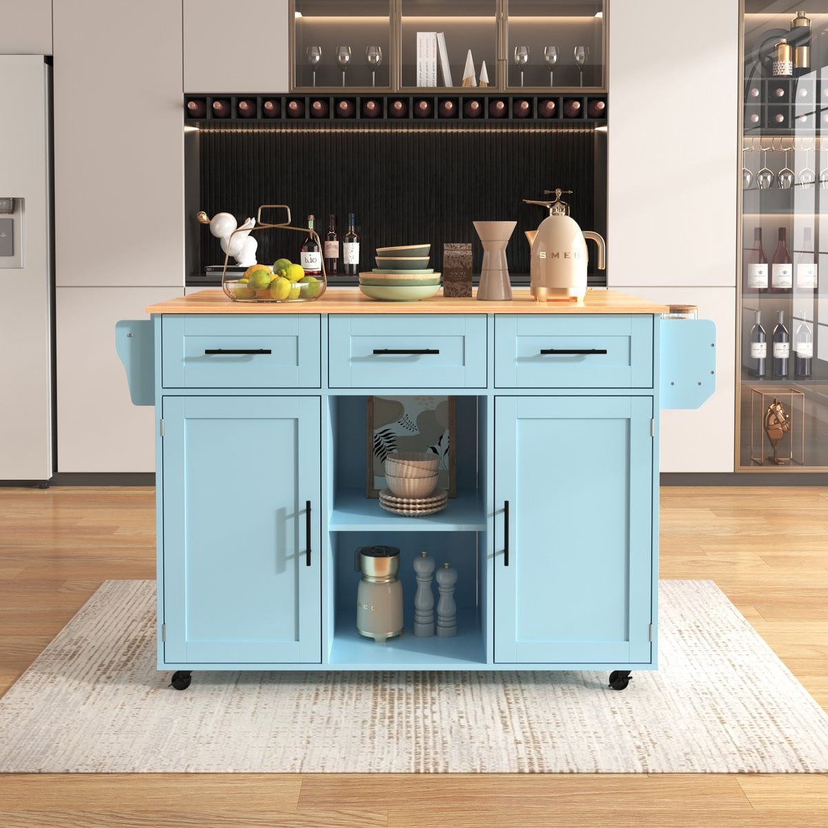 MODFU Keukenwagen met klapbaar werkblad en opbergruimte, Blauw, B: 139 cm, D: 46(71) cm, H: 91,5 cm