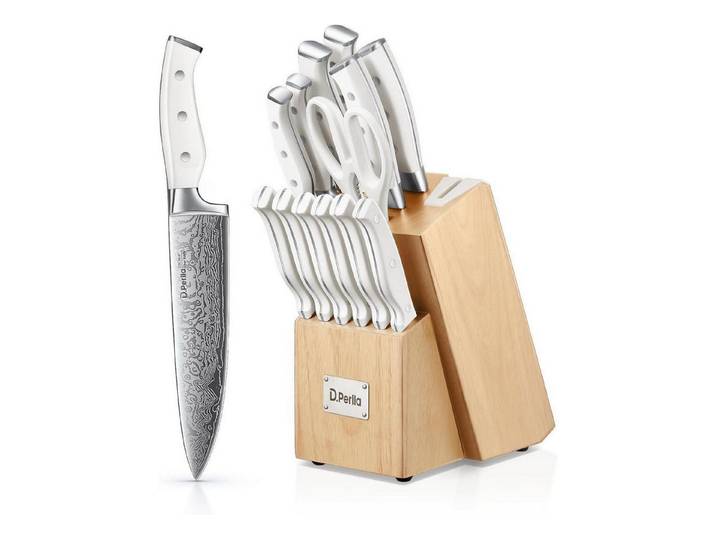 LuxusKollektion Messerblock Messerblock Set 14 TLG Edelstahl selbstschärfend Holzblock Weiß 14