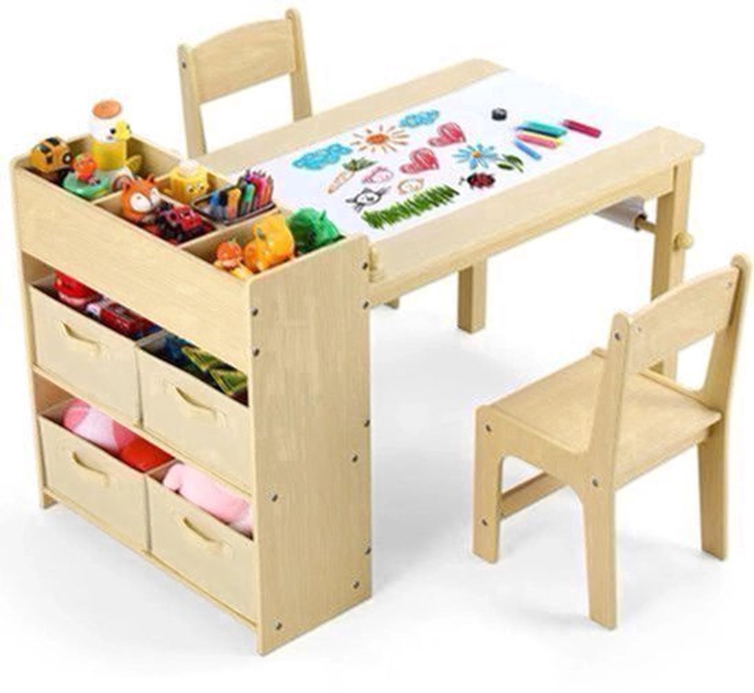 Houten Kinderkunsttafel en Stoelen Set met Papierrolhouder - Grijs