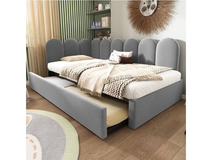 Lit gigogne AESVAR 90x200 cm en velours gris avec sommier à lattes sans matelas chambre enfant