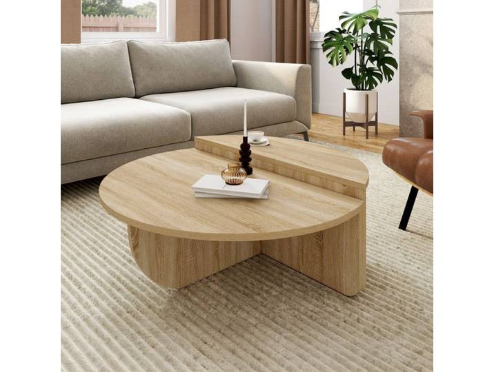 Lot de 2 tables basses rondes GUILIA 90 cm asymétriques façon hêtre