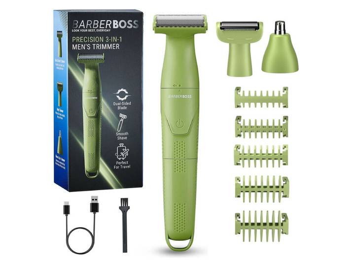 BarberBoss QR-2302 3-in-1 Detail Trimmer - Baardtrimmer, Neus- &amp; Oortrimmer, Bodygroomer - Draadloos &amp; USB Oplaadbaar - Multifunctionele Grooming Set voor Mannen - Groen