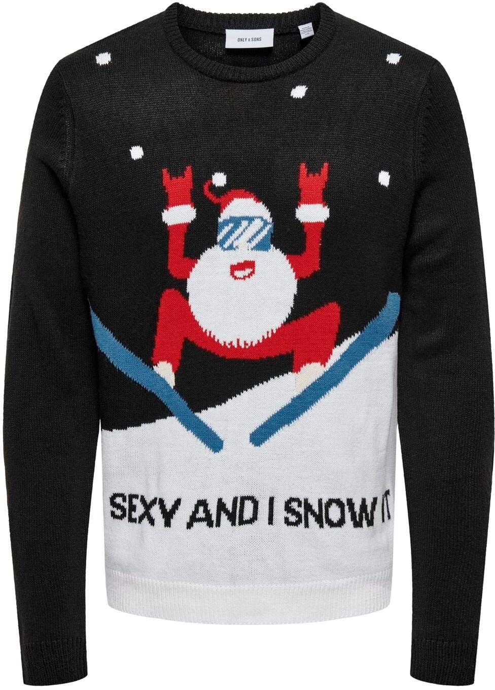 Strickpullover ONLY & SONS "ONSXMAS REG 5 PLACEMENT CREW KNIT", Herren, Gr. XXL, schwarz, Strick, Obermaterial: 100% Polyacryl, gemustert, festlich, regular fit normal, Rundhals, Pullover Strickpullover schwarz XXL