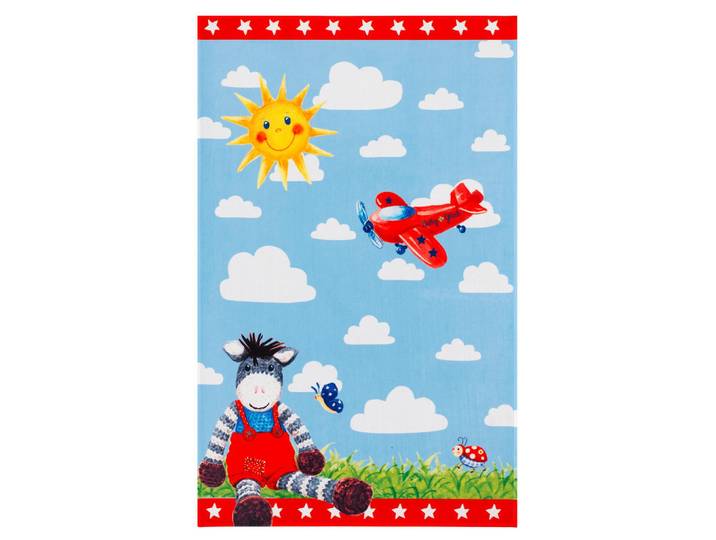 Kinderteppich Baby Glück, Blau, Weiß, Hellblau, Esel, rechteckig, 140x200 cm, Oeko-Tex® Standard 100, für Fußbodenheizung geeignet, rutschfest, Teppiche & Böden, Teppiche, Teppich Kinderzimmer