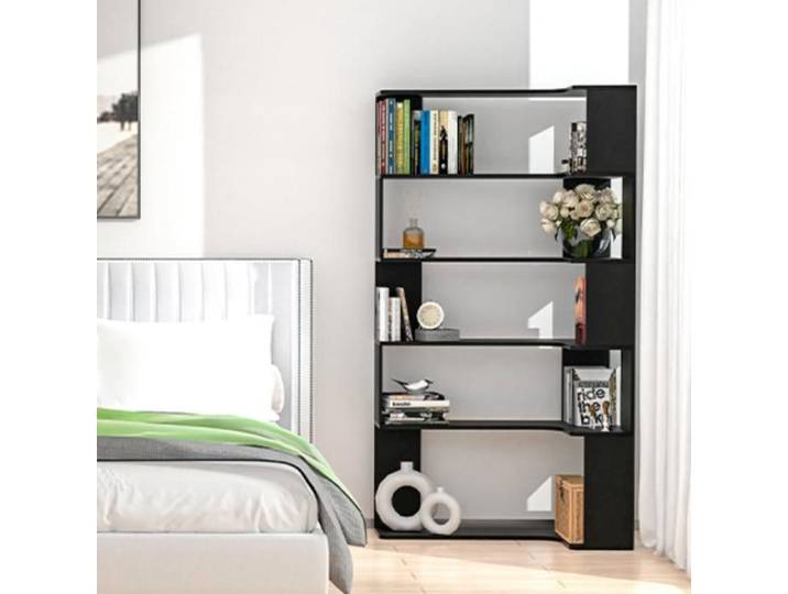 BIBLIOTHÈQUE D'ANGLE/MEUBLE DE RANGEMENT GRANDE CAPACITÉ - HOMEWELL - 5 ÉTAGÈRES - EN FORME DE L - 90 × 48 × 169 CM - NOIR