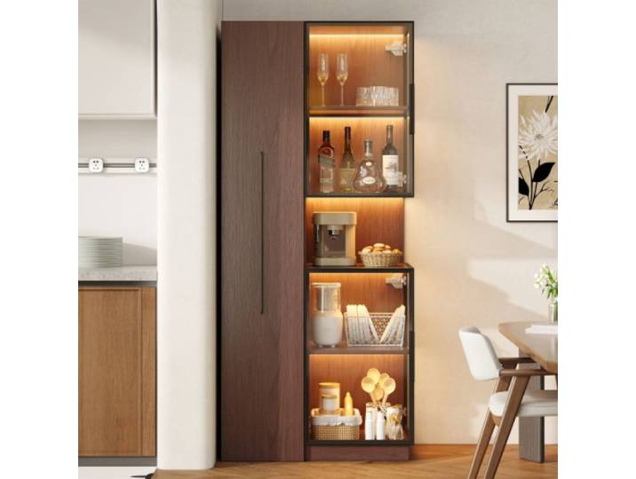 Vitrine de salon en bois noyer MDF 70×38×160cm plateau extensible double vitre LED