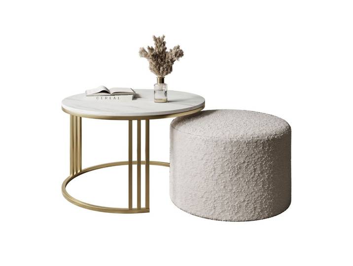 COUCHTISCH mit Hocker LORI MAT gebürstetes Gold/Marmor Levanto/Coral 65