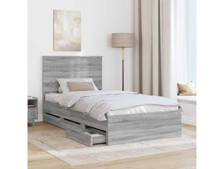 SKTQYQO Bett mit Schublade Grau Sonoma 100 x 200 cm Technisches Holz, selbsttragend, feste Latten, versteckte Schublade, einfache Reinigung