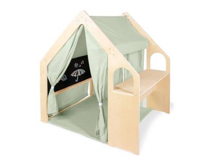 PINOLINO Thilda Spielhaus Indoor - Kaufladen - Haus mit Stoffdach, Bodenmatte & Maltafel - Kinder Zelt - Spiele ab 3 Jahren - Kinderzimmermöbel - Maße B 119 cm, T 94 cm, H 122 cm, Salbeigrün