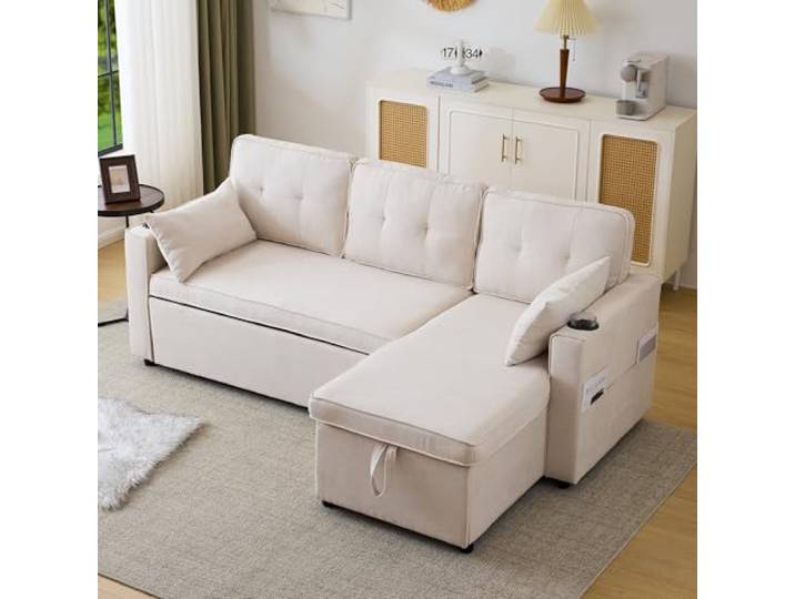 Laxnb Sofa mit Schlaffunktion, Sofa Couch 3 Sitzer, Schlafsofa Ecksofa L-Form Loungesessel mit Stauraum, Schlafcouch mit Getränkehalter, Sofa Bed Polstermöbel, Baumwoll- und Leinenstoffe Beige