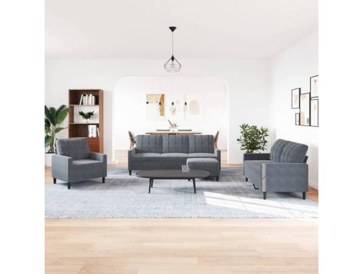 KTHLBRH 4-teiliges Sofaset mit dunkelgrauen Kissen aus Samt Gestell aus Metall, Polsterung aus Schaumstoff, Fußstütze inklusive, 1 Sofa, 1 2-Sitzer-Sofa, 1 3-Sitzer-Sofa