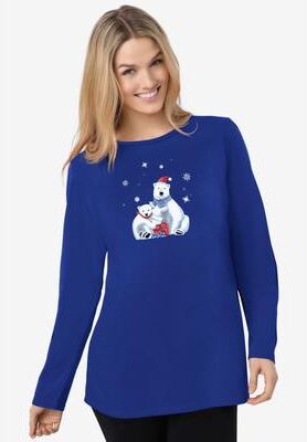 Plus Size Women's Holiday Graphic Tee by Woman Within in Deep Cobalt Polar Bear (Size 3X) Shirt