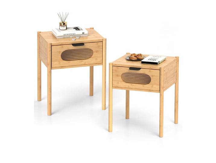COSTWAY Nachttisch (2-St), Bambus, Beistelltisch mit Schublade aus gehärtetem Glas