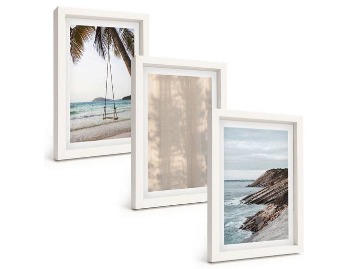 BILDER SET 3er Set - 20x30 cm Weißer Rahmen - Sommerlicher Sandstrand mit Meerblick
