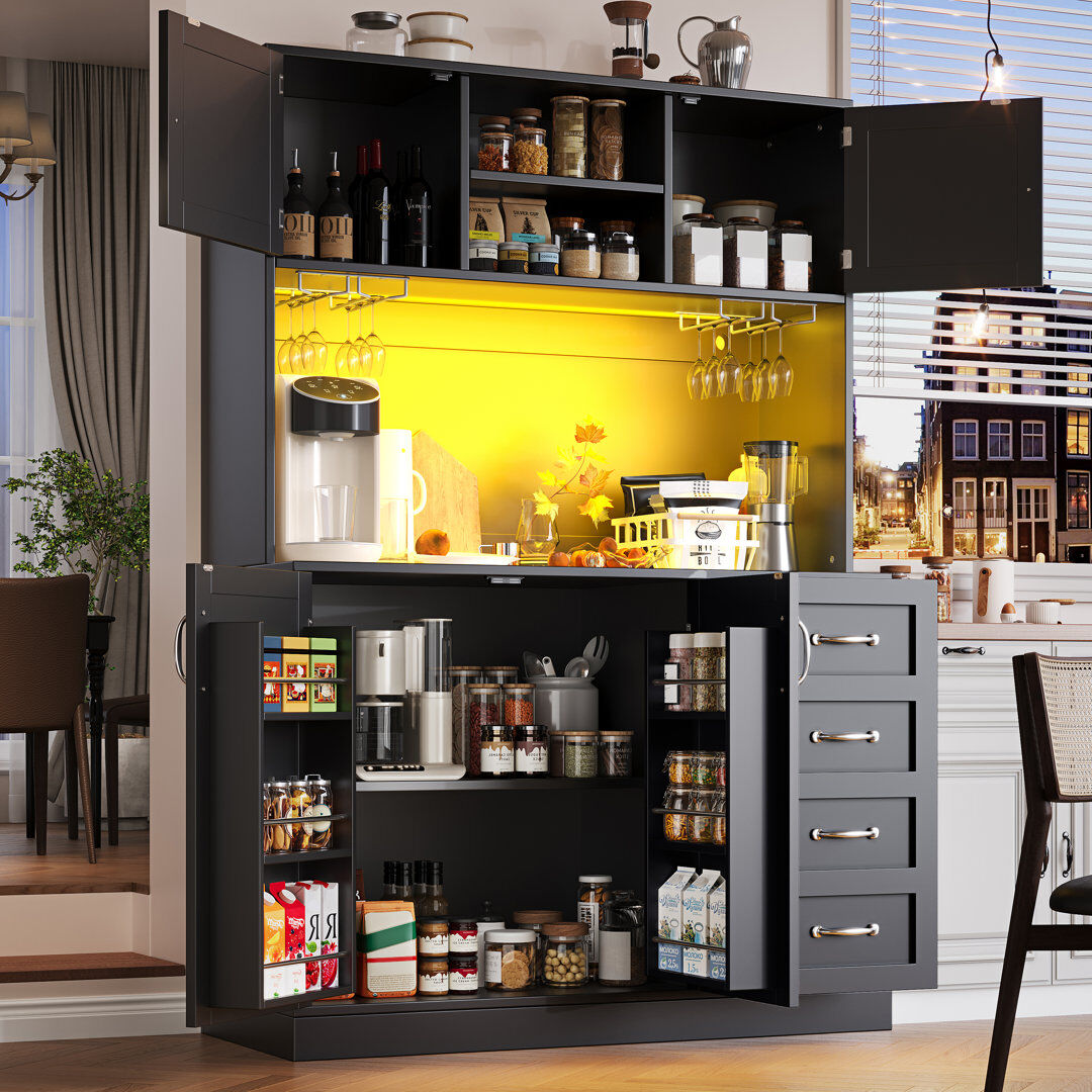 Leisure Kitchen Cabinet With Led, 4 Doors And 2 Drawers Black 188cm H X 120cm W X 40cm D