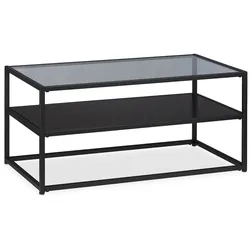 Relaxdays Couchtisch, Ablage aus MDF, Glas & Metall, modernes Design, edler Wohnzimmertisch, HBT 42x90x50 cm, schwarz