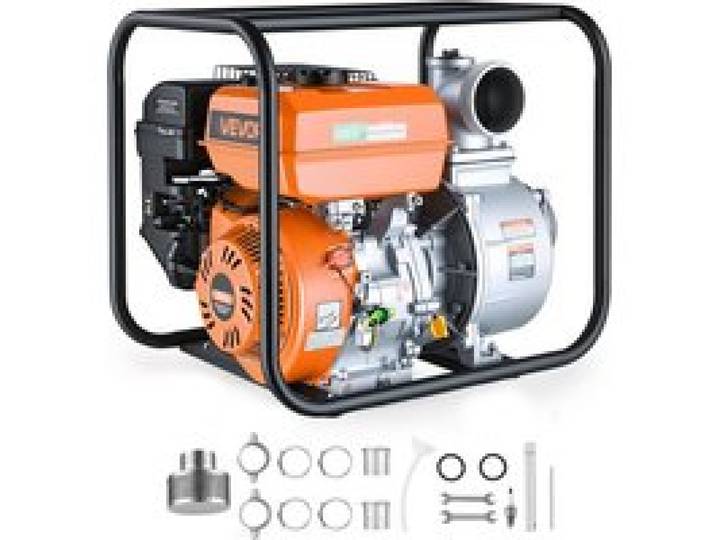 VEVOR Wasserpumpe Benzin 422 GPM, 4 Zoll Schmutzwasserpumpe 8,3 PS Motorpumpe Tragbar mit 7,62 m Förderschlauch & Gusseisenlaufrad Wasserförderpumpe für Bewässerung Entwässerung Baustellen Teiche