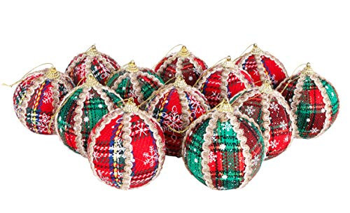 Set van 12 rode tartan kerstballen met crème en zwarte decoratie van Christmasshop