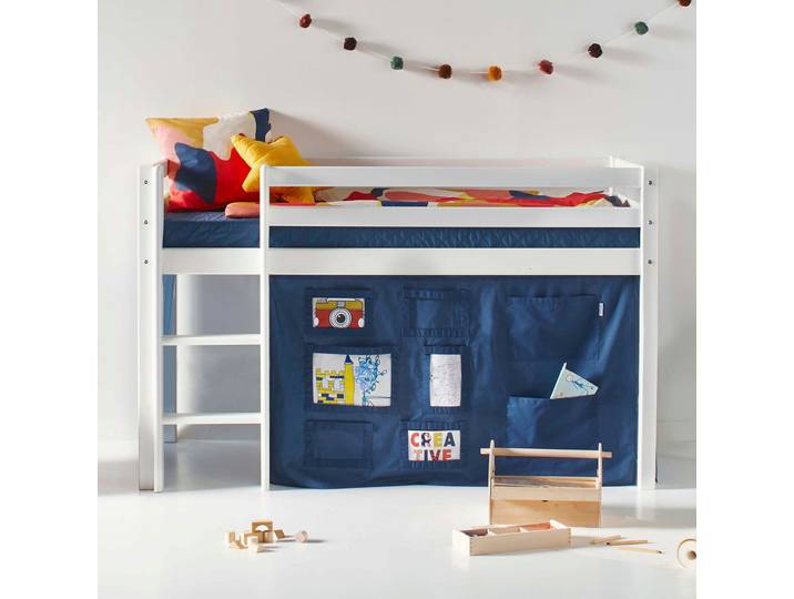Hochbett HOPPEKIDS ECO Dream, Kinderbett, Spielbett, Halbhohes Bett aus Massivholz , blau (weiß, creator blau), B:81cm H:105cm L:168cm, Kinderbett: 100% Massivholz: Nordische Kiefer, Vorhang: 100% Baumwolle, Matratzenbezug: 77% Polyester, 23% Bambusfasern, Matratze: Waterlily Matratzenkern, Hochbetten, Hochbett Kinderbett, inkl. Vorhang-Set Creator, Bettgröße & Matratze wählbar