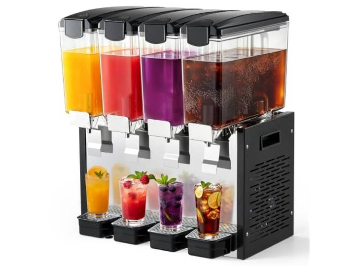 VEVOR Elektrischer Getränkespender 4 x 10 L 7-12 °C Saftspender PC-Behälter Ideal für Restaurants, Hotels, Bars und Kioske, mit Rührstab für Gleichmäßige Durchmischung, Druckschalter und Auffangschale