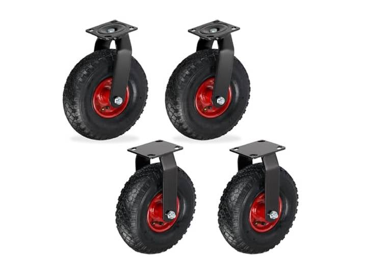 Relaxdays 2X roulettes Fixes + 2X roulettes pivotantes\, Roues pneumatiques 3.00-4\, 120 kg\, Noir/Rouge