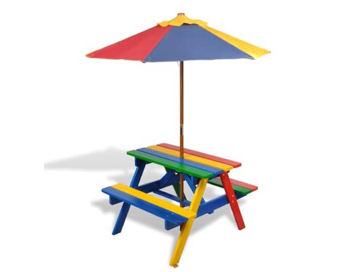 HFUDPOF Holz Picknicktisch mit Bänken und Sonnenschirm für, Mehrfarbig Regenbogenfarben, 2-in-1 Design, Sitzbänke beidseitig, stabiler Holzaufbau, Schattenspender