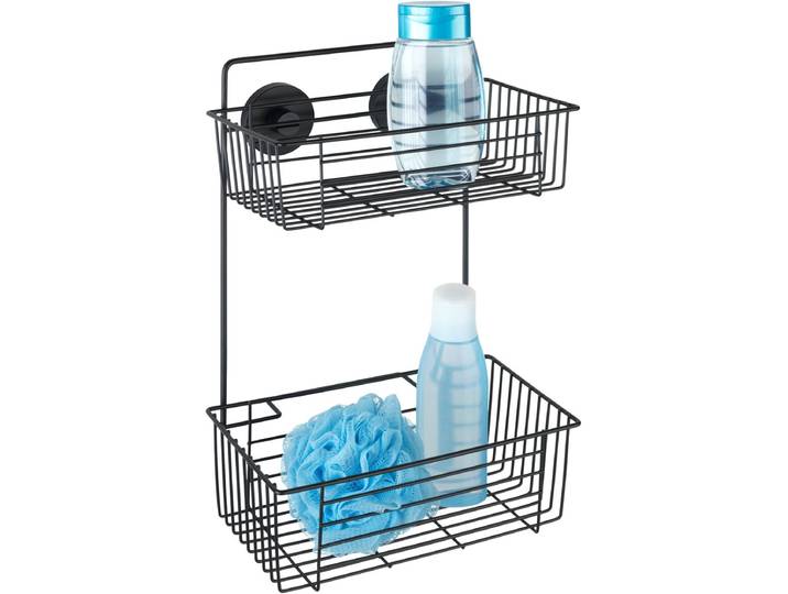 WENKO Vacuum-Loc Wandrek 2-laags Bari mat zwart 26x17x38cm - Doucherek - Douchemand - Bevestigen zonder boren