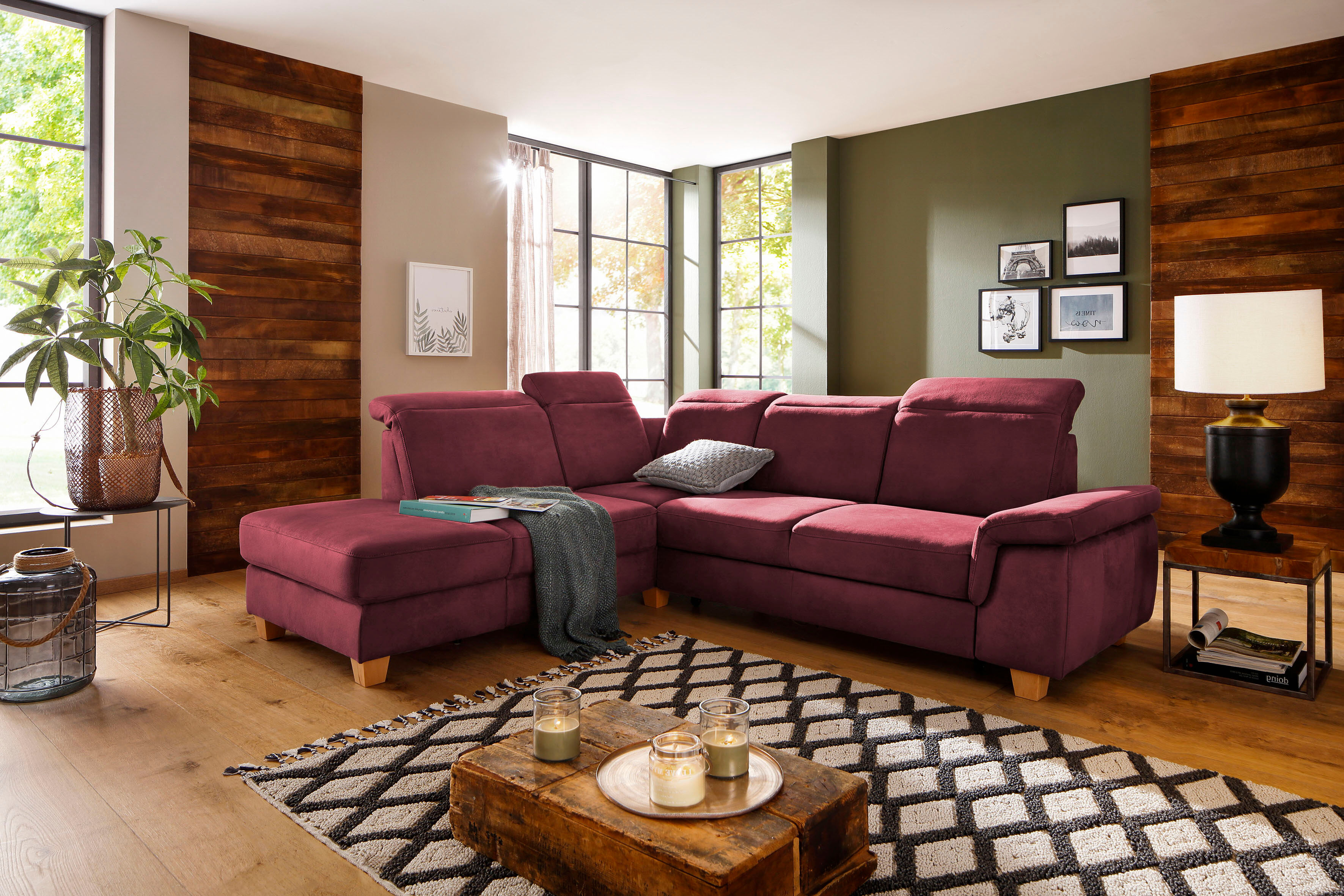 Ecksofa HOME AFFAIRE "Dalia L-Form", rot (bordeaux), B:256cm T:221cm, Luxus-Microfaser Florence (100% Polyester);Luxus-Microfaser weich (90% Polyester, 10% Polyamid);Webstoff (100% Polyester), Sofas, Ecksofa, mit Federkernpolsterung, wahlweise mit Schlaff