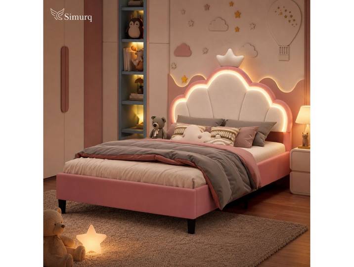 Simurq Kinderbett Polsterbett 140 x 190 cm mit Krone & LED, rosa Samt (Bettgestell mit Lattenrost)