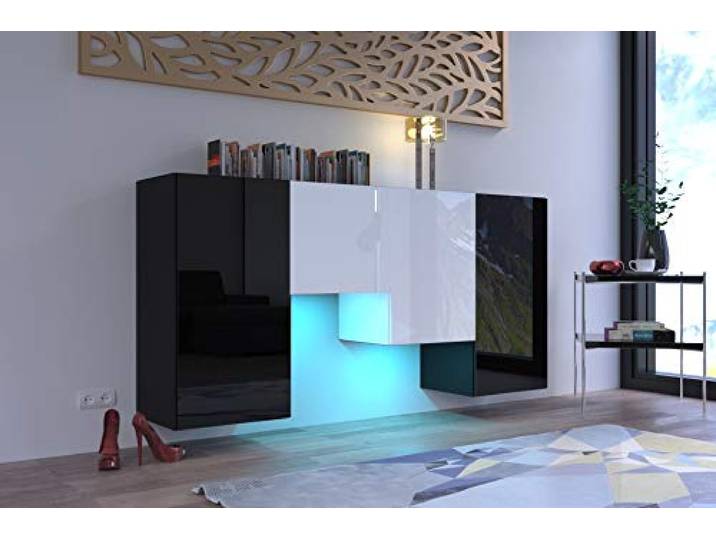 Furnitech K2 Modernes Wohnzimmer, Kommode, Schrank, Sideboard, Schlafzimmer, Esszimmer, Wohnzimmermöbel (LED RGB 16 Farben, K2-HG-WB4)