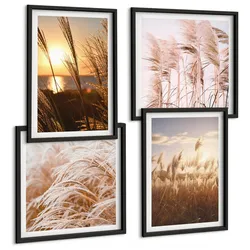 BILDER SET 4er Set - 50x50 cm & 40x60 cm Schwarzer Rahmen - Boho-Grasfeld-Sonnenuntergang