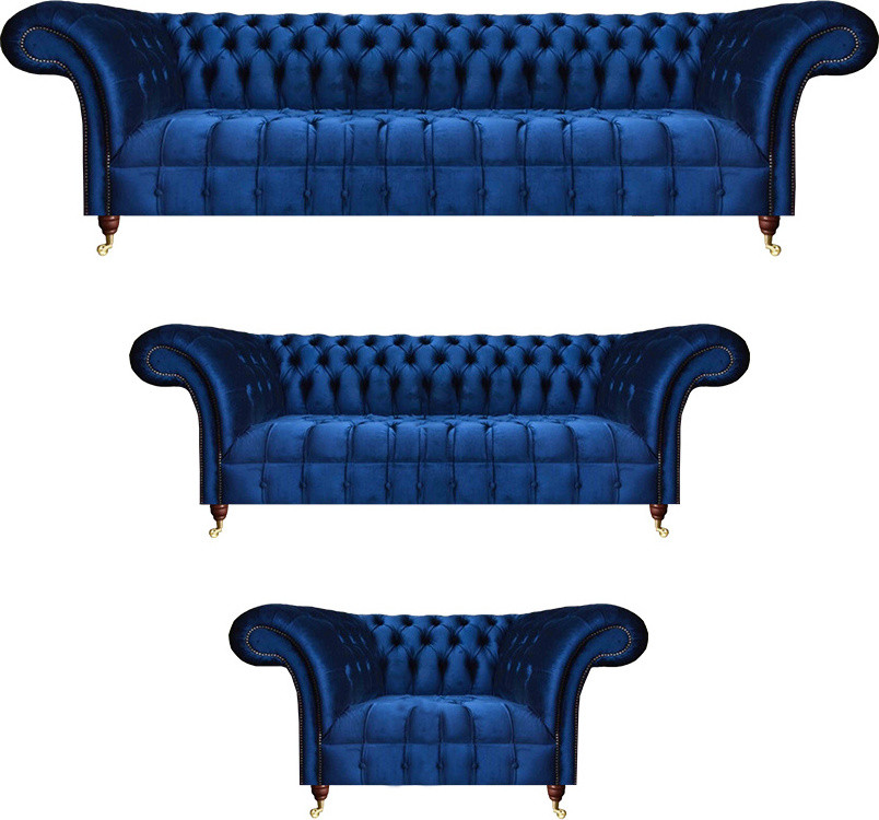 Polstermöbel Blau Chesterfield Sofa Set 3-delig met 2 Sofa's en 1 Fauteuil