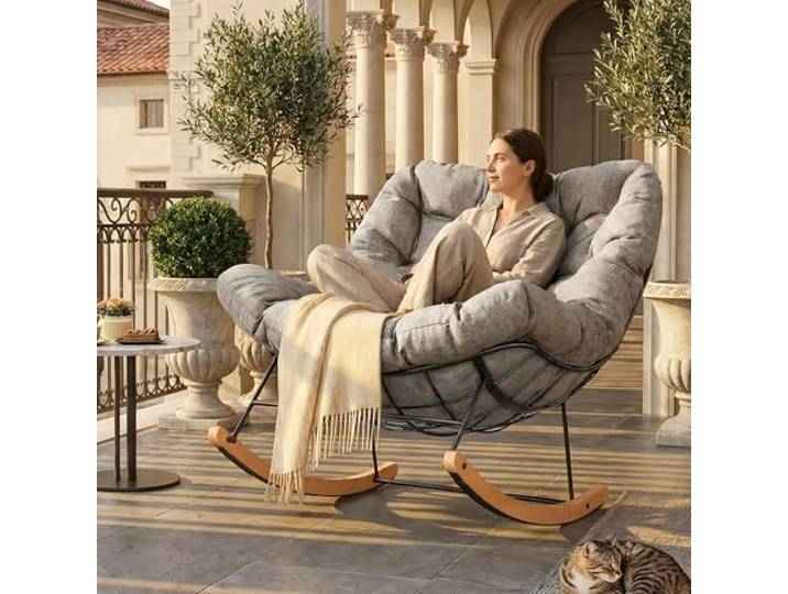FLEXISPOT Schaukelstuhl Garten, Schwingsessel mit Kopfkissen, wasserfester Bezug, gepolsterter Relaxstuhl bis 159 kg, für Wohnzimmer, Schlafzimmer, Balkon, Hellbraun