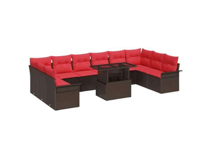 PUGYNBK Modulares Esstisch-Set aus Rattan, 11-teilig, Braun Tisch mit gehärtetem Glas, höhenverstellbar, robustes Polyester, wasserdichte Tasche im Lieferumfang enthalten