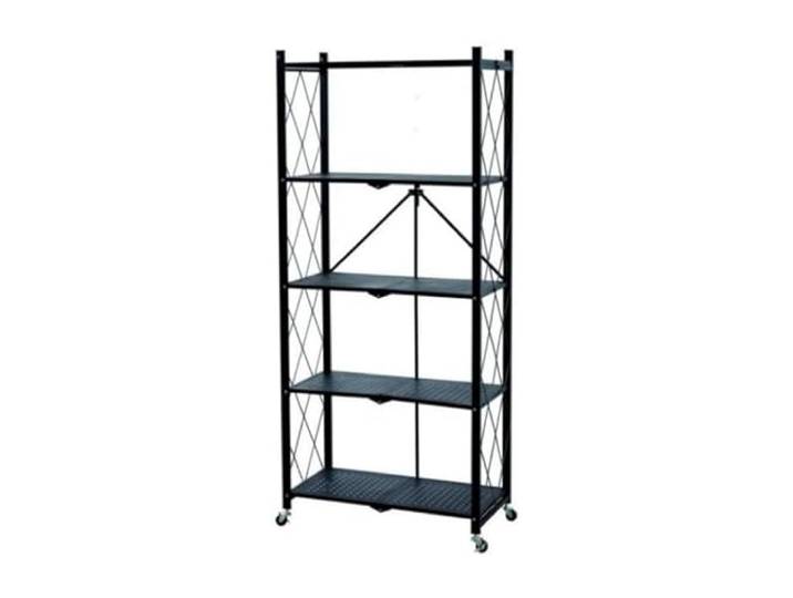 5 Etagen Klappregal, Faltbares Regal Mit Rollen, Kohlenstoffstahl Aufbewahrungsregal Speisekammer, Schwerlastregal Schwarz, Haushaltsregal Standregale für Die KüChe, BüRo, Repository, 70x40x158cm