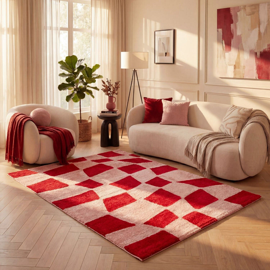 THE RUGS Joli Chequered Area Rug Soft Dense Pile for Living Rooms and Bedrooms Red/Pink Rectangle 160 x 230 cm